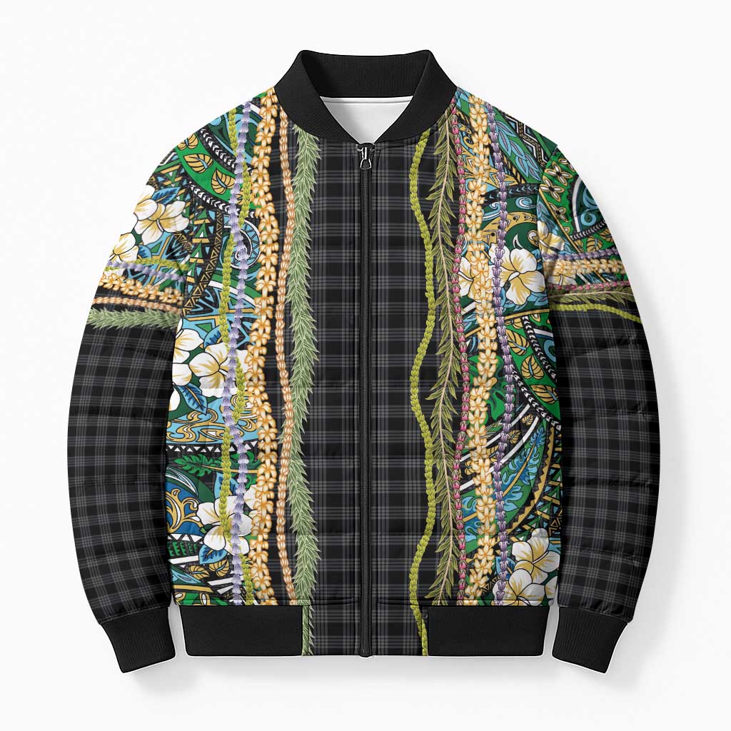 Hawaiian Art Flower Tribal with Lei Bomber Puffer Jacket Palaka Pattern Black Color LT03 Unisex Black - Polynesian Pride