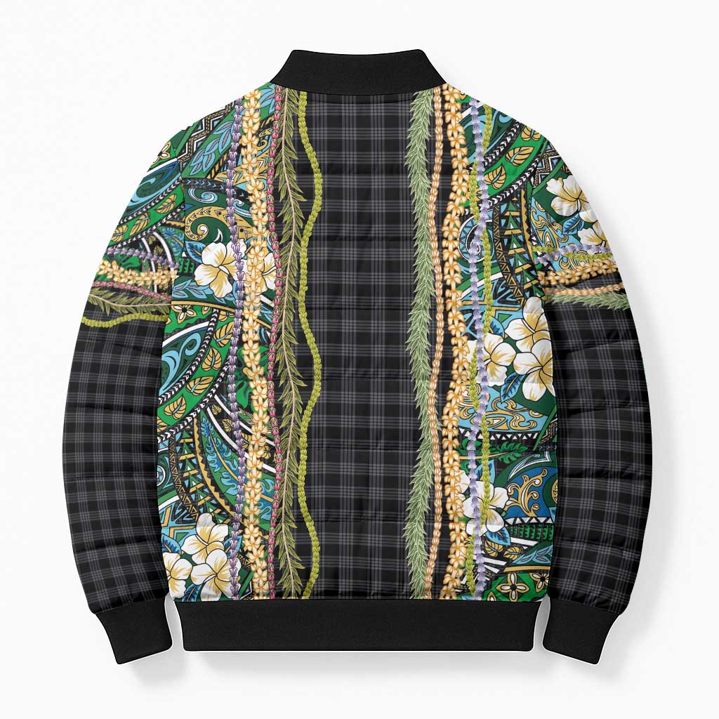 Hawaiian Art Flower Tribal with Lei Bomber Puffer Jacket Palaka Pattern Black Color LT03 - Polynesian Pride