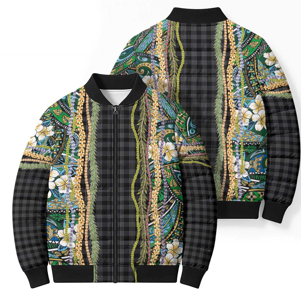 Hawaiian Art Flower Tribal with Lei Bomber Puffer Jacket Palaka Pattern Black Color LT03 - Polynesian Pride
