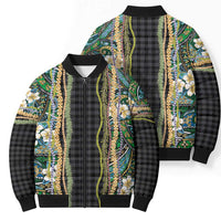 Hawaiian Art Flower Tribal with Lei Bomber Puffer Jacket Palaka Pattern Black Color LT03 - Polynesian Pride