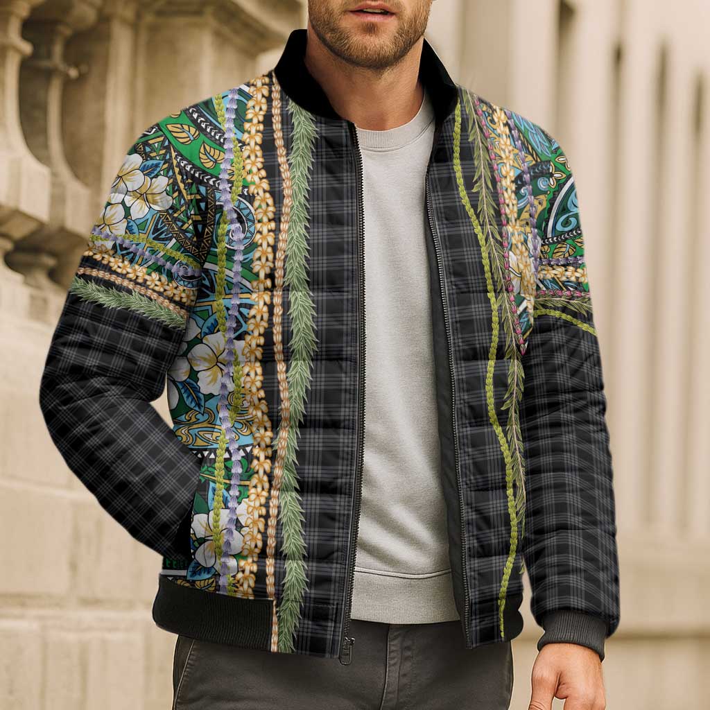 Hawaiian Art Flower Tribal with Lei Bomber Puffer Jacket Palaka Pattern Black Color LT03 - Polynesian Pride