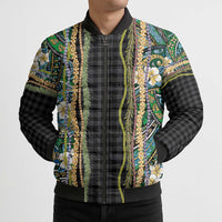 Hawaiian Art Flower Tribal with Lei Bomber Puffer Jacket Palaka Pattern Black Color LT03 - Polynesian Pride