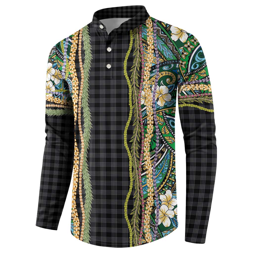 Hawaiian Art Flower Tribal with Lei Button Sweatshirt Palaka Pattern Black Color LT03 - Polynesian Pride