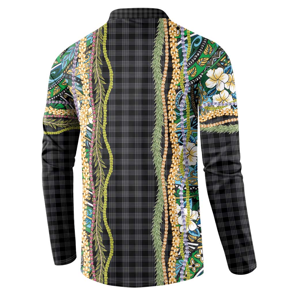 Hawaiian Art Flower Tribal with Lei Button Sweatshirt Palaka Pattern Black Color LT03 - Polynesian Pride