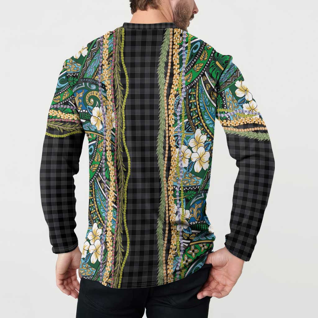 Hawaiian Art Flower Tribal with Lei Button Sweatshirt Palaka Pattern Black Color LT03 - Polynesian Pride