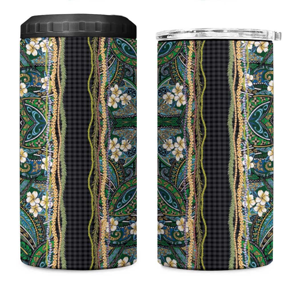 Hawaiian Art Flower Tribal with Lei 4 in 1 Can Cooler Tumbler Palaka Pattern Black Color - Polynesian Pride