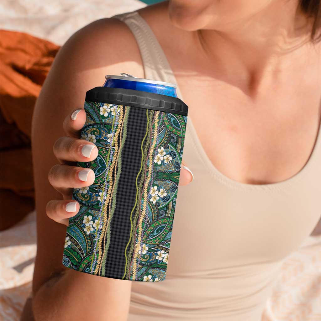 Hawaiian Art Flower Tribal with Lei 4 in 1 Can Cooler Tumbler Palaka Pattern Black Color - Polynesian Pride