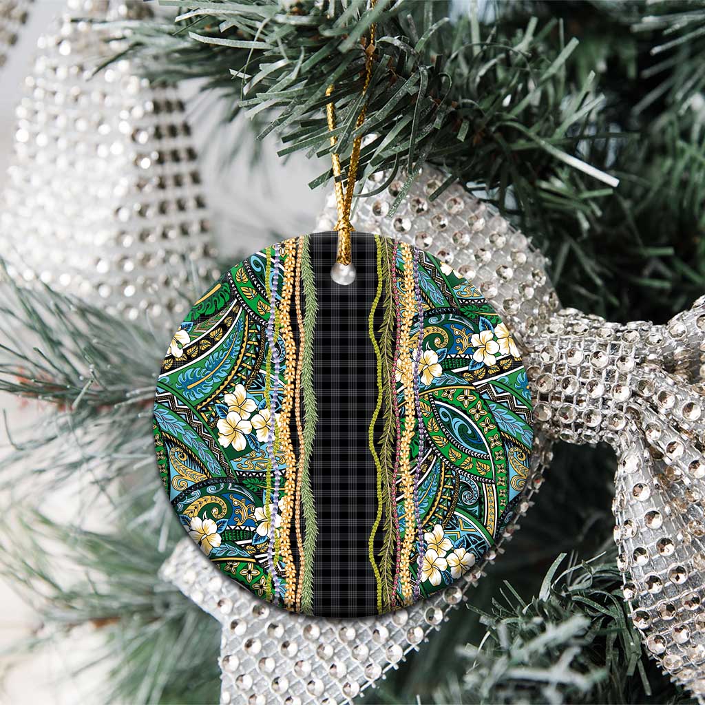 Hawaiian Art Flower Tribal with Lei Ceramic Ornament Palaka Pattern Black Color - Polynesian Pride