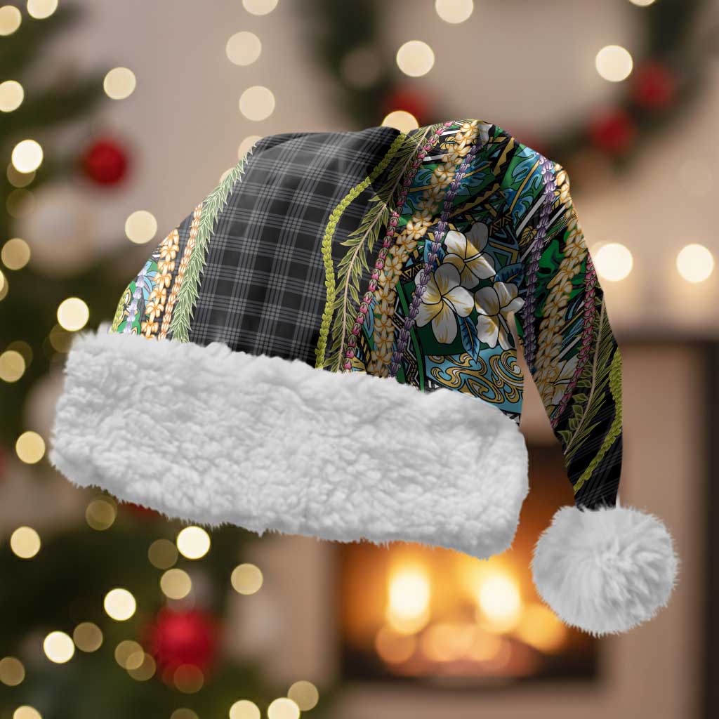 Hawaiian Art Flower Tribal with Lei Christmas Santa Hat Palaka Pattern Black Color - Polynesian Pride