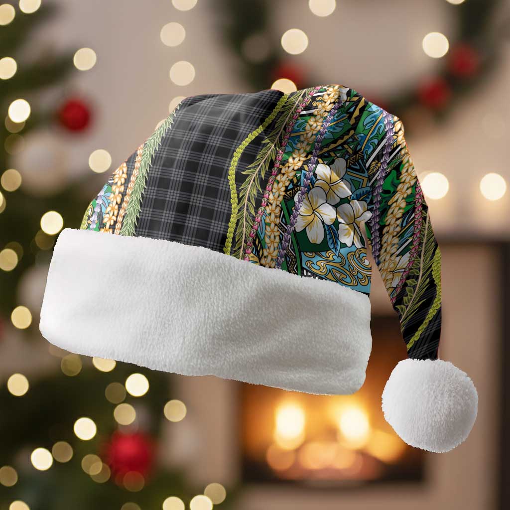 Hawaiian Art Flower Tribal with Lei Christmas Santa Hat Palaka Pattern Black Color - Polynesian Pride