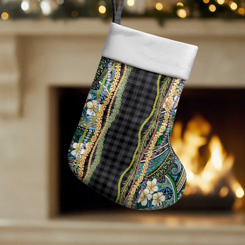 Hawaiian Art Flower Tribal with Lei Christmas Stocking Palaka Pattern Black Color LT03 Set of 2 Black - Polynesian Pride