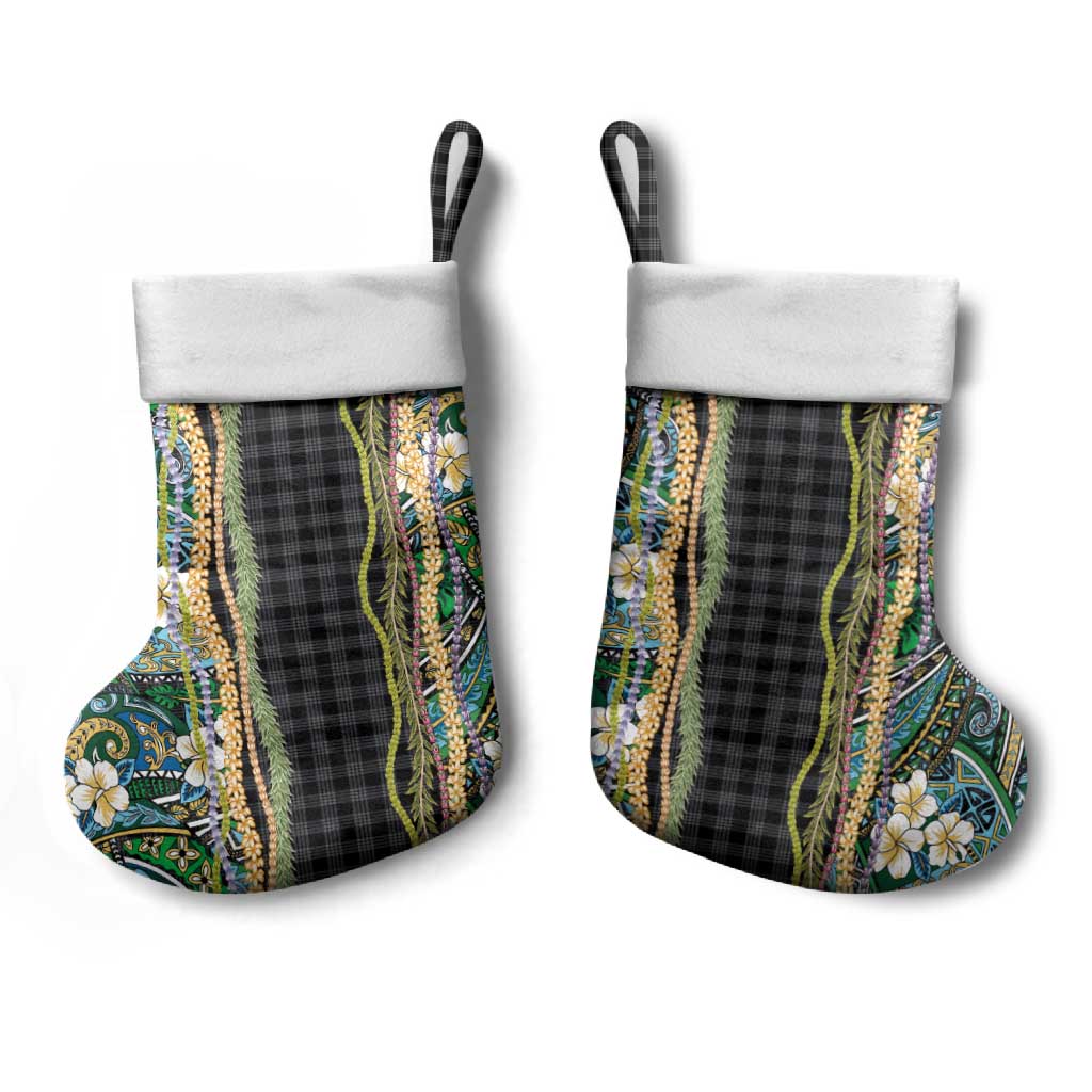 Hawaiian Art Flower Tribal with Lei Christmas Stocking Palaka Pattern Black Color LT03 - Polynesian Pride
