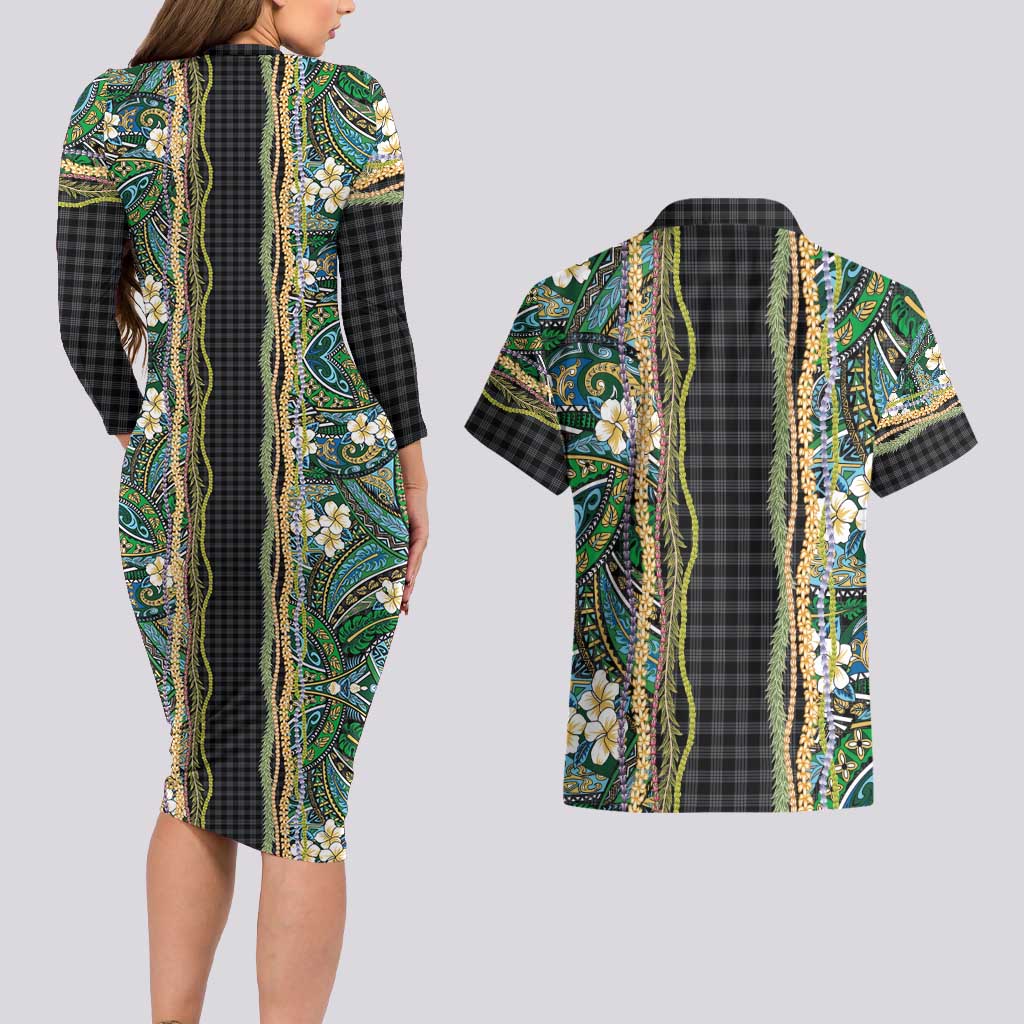 Hawaiian Art Flower Tribal with Lei Couples Matching Long Sleeve Bodycon Dress and Hawaiian Shirt Palaka Pattern Black Color - Polynesian Pride