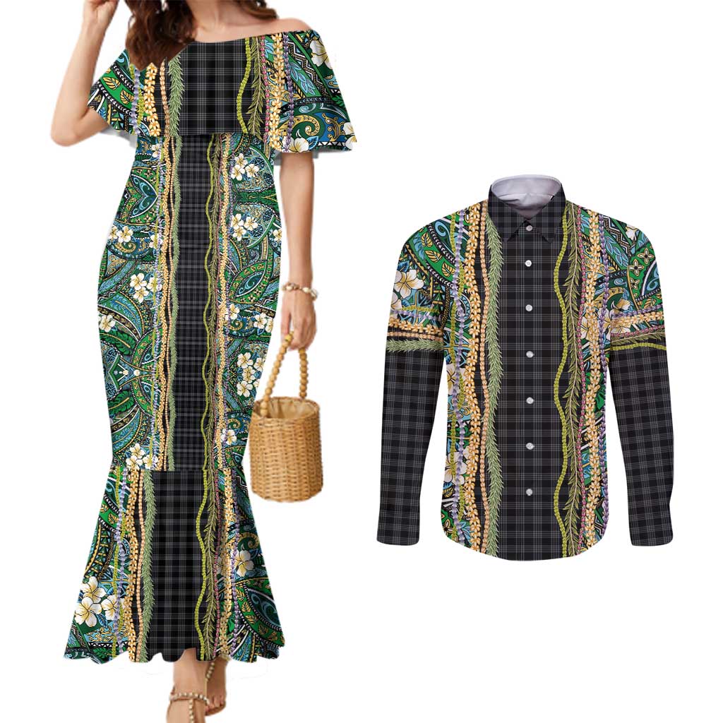 Hawaiian Art Flower Tribal with Lei Couples Matching Mermaid Dress and Long Sleeve Button Shirt Palaka Pattern Black Color - Polynesian Pride