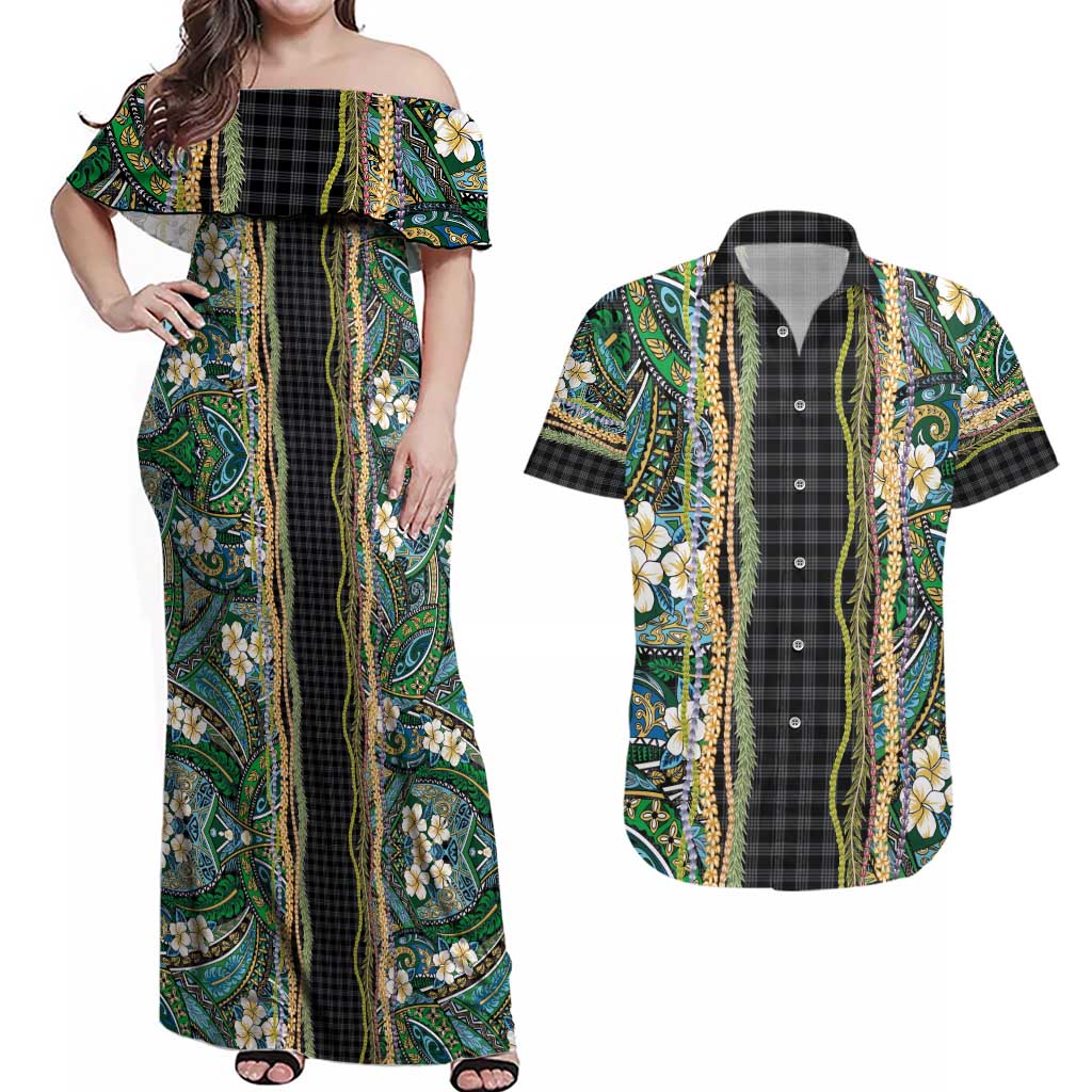 Hawaiian Art Flower Tribal with Lei Couples Matching Off Shoulder Maxi Dress and Hawaiian Shirt Palaka Pattern Black Color - Polynesian Pride