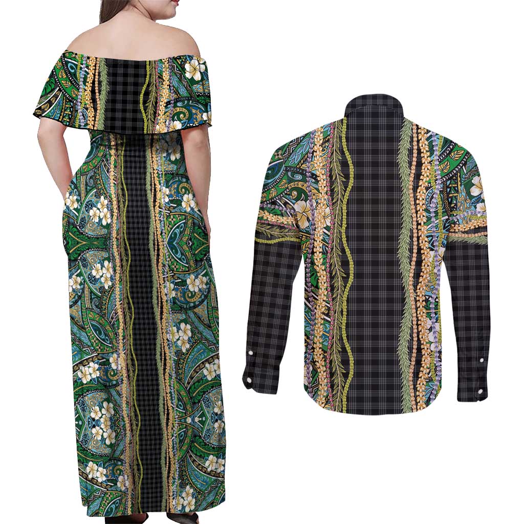 Hawaiian Art Flower Tribal with Lei Couples Matching Off Shoulder Maxi Dress and Long Sleeve Button Shirt Palaka Pattern Black Color - Polynesian Pride