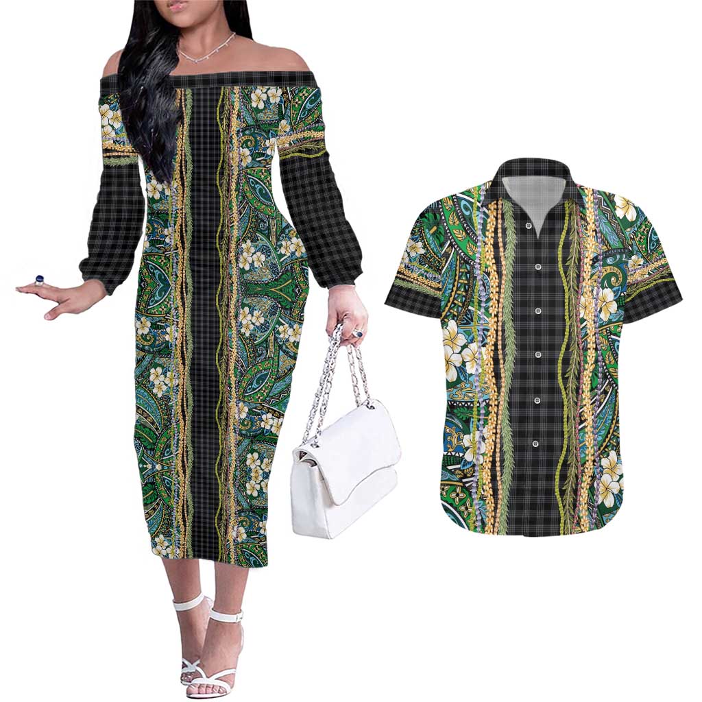 Hawaiian Art Flower Tribal with Lei Couples Matching Off The Shoulder Long Sleeve Dress and Hawaiian Shirt Palaka Pattern Black Color - Polynesian Pride