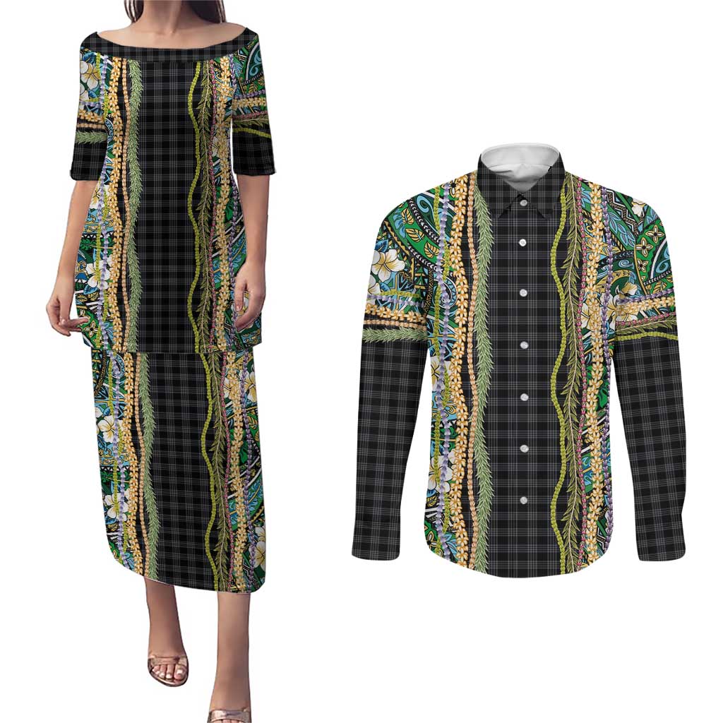 Hawaiian Art Flower Tribal with Lei Couples Matching Puletasi and Long Sleeve Button Shirt Palaka Pattern Black Color LT03 Black - Polynesian Pride