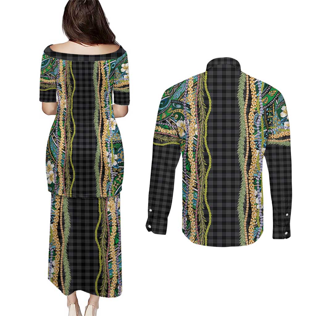 Hawaiian Art Flower Tribal with Lei Couples Matching Puletasi and Long Sleeve Button Shirt Palaka Pattern Black Color LT03 - Polynesian Pride