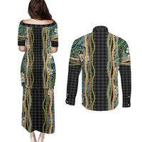 Hawaiian Art Flower Tribal with Lei Couples Matching Puletasi and Long Sleeve Button Shirt Palaka Pattern Black Color LT03 - Polynesian Pride