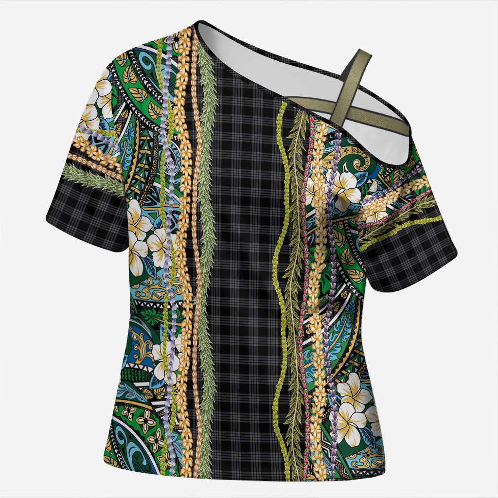 Hawaiian Art Flower Tribal with Lei Cross Shoulder Shirt Palaka Pattern Black Color LT03 Female Black - Polynesian Pride