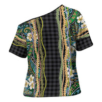 Hawaiian Art Flower Tribal with Lei Cross Shoulder Shirt Palaka Pattern Black Color LT03 - Polynesian Pride