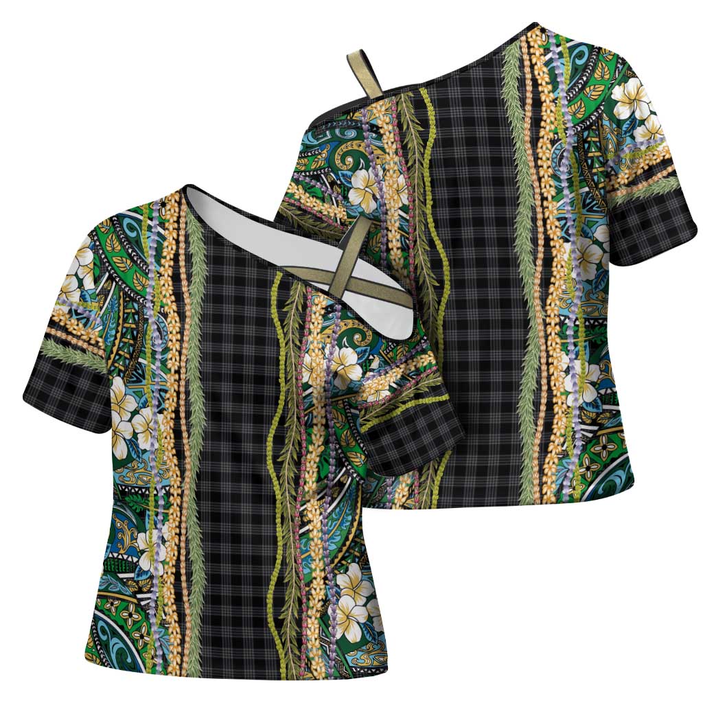 Hawaiian Art Flower Tribal with Lei Cross Shoulder Shirt Palaka Pattern Black Color LT03 - Polynesian Pride