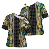 Hawaiian Art Flower Tribal with Lei Cross Shoulder Shirt Palaka Pattern Black Color LT03 - Polynesian Pride