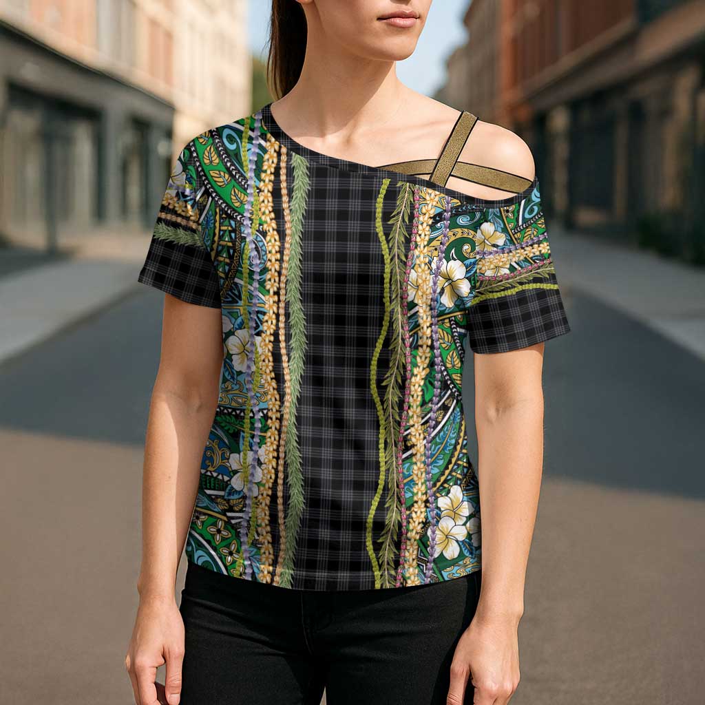 Hawaiian Art Flower Tribal with Lei Cross Shoulder Shirt Palaka Pattern Black Color LT03 - Polynesian Pride