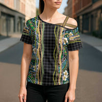 Hawaiian Art Flower Tribal with Lei Cross Shoulder Shirt Palaka Pattern Black Color LT03 - Polynesian Pride