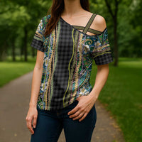 Hawaiian Art Flower Tribal with Lei Cross Shoulder Shirt Palaka Pattern Black Color LT03 - Polynesian Pride