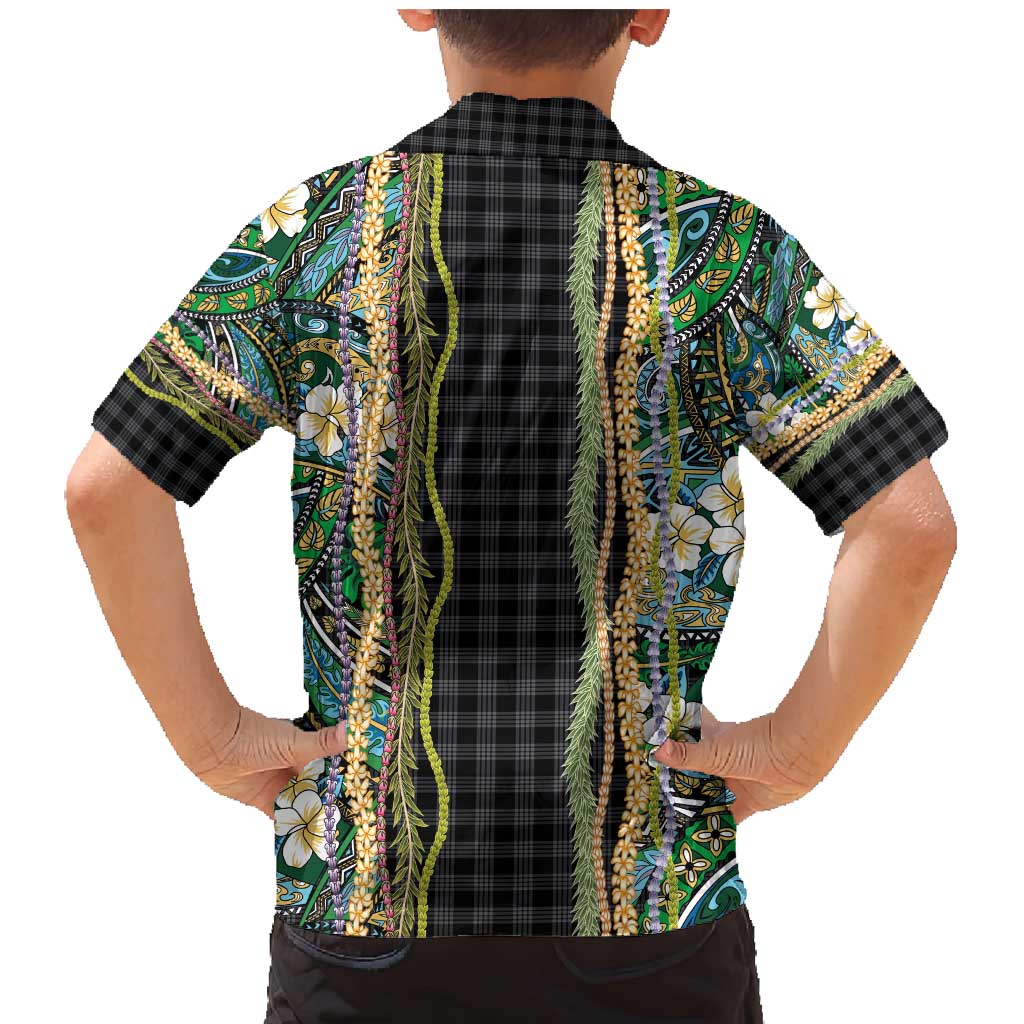 Hawaiian Art Flower Tribal with Lei Family Matching Mermaid Dress and Hawaiian Shirt Palaka Pattern Black Color - Polynesian Pride