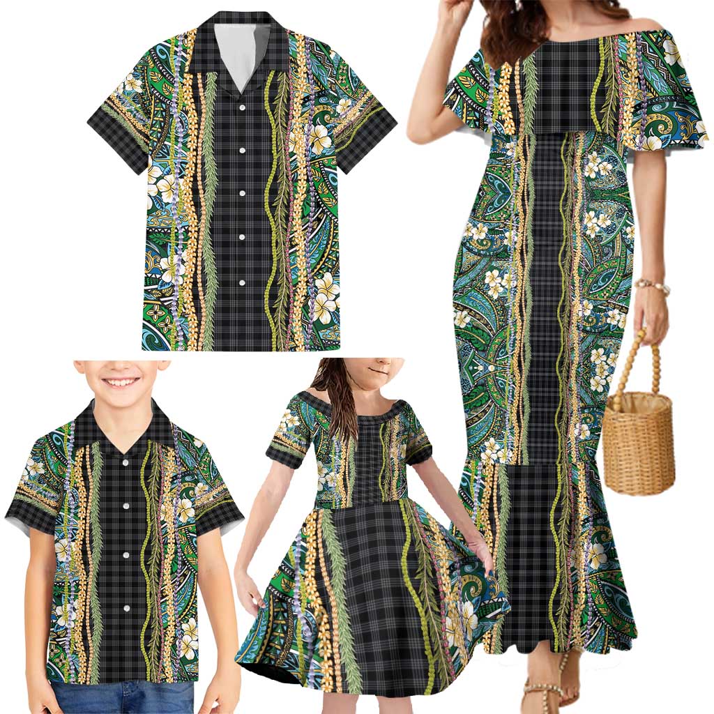 Hawaiian Art Flower Tribal with Lei Family Matching Mermaid Dress and Hawaiian Shirt Palaka Pattern Black Color - Polynesian Pride