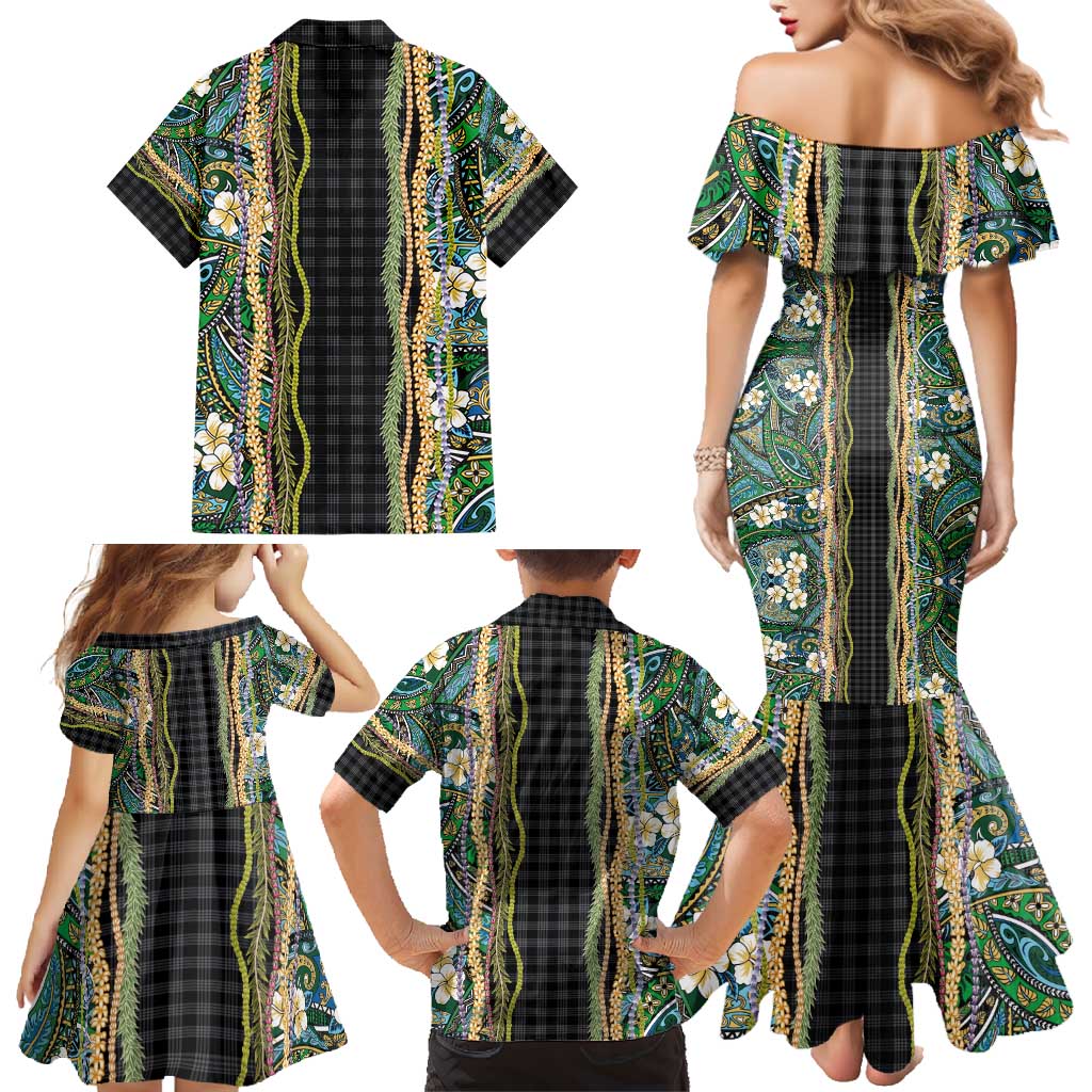Hawaiian Art Flower Tribal with Lei Family Matching Mermaid Dress and Hawaiian Shirt Palaka Pattern Black Color - Polynesian Pride