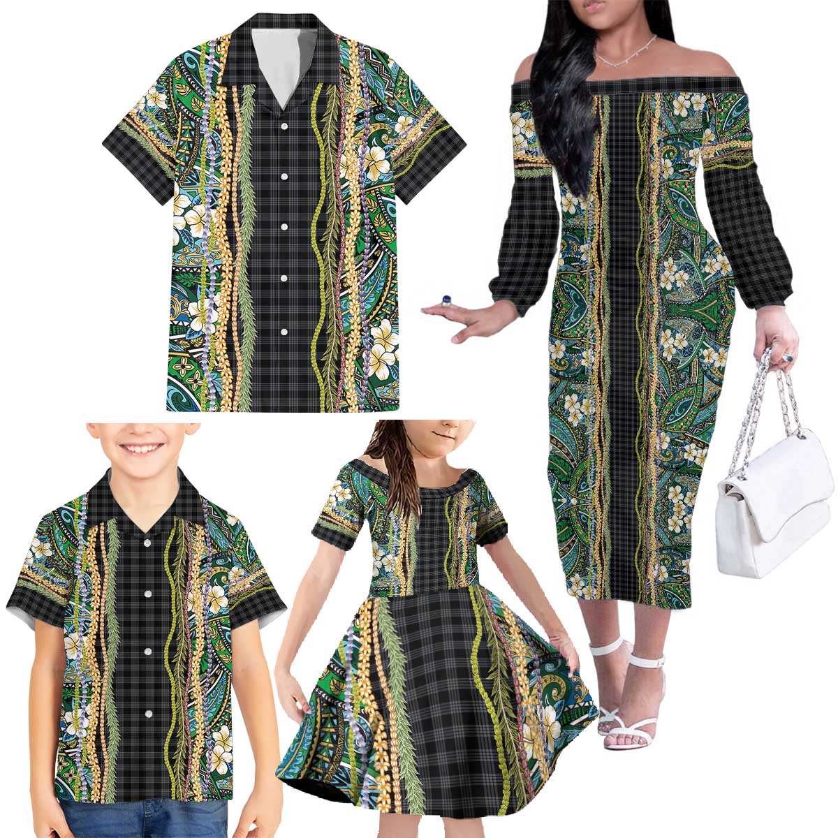 Hawaiian Art Flower Tribal with Lei Family Matching Off The Shoulder Long Sleeve Dress and Hawaiian Shirt Palaka Pattern Black Color - Polynesian Pride