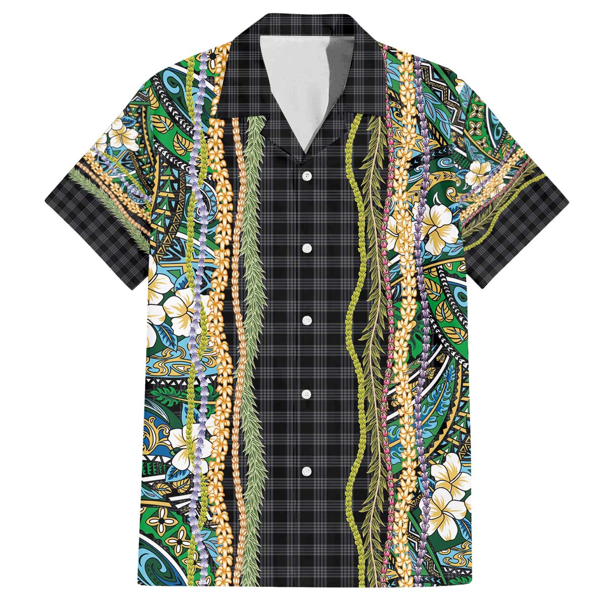Hawaiian Art Flower Tribal with Lei Family Matching Off The Shoulder Long Sleeve Dress and Hawaiian Shirt Palaka Pattern Black Color - Polynesian Pride