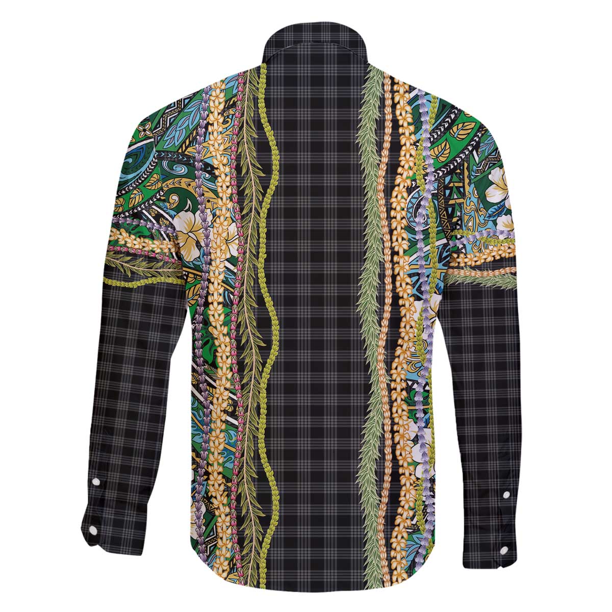 Hawaiian Art Flower Tribal with Lei Family Matching Off The Shoulder Long Sleeve Dress and Hawaiian Shirt Palaka Pattern Black Color - Polynesian Pride