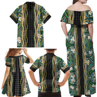 Hawaiian Art Flower Tribal with Lei Family Matching Off Shoulder Maxi Dress and Hawaiian Shirt Palaka Pattern Black Color - Polynesian Pride