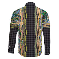 Hawaiian Art Flower Tribal with Lei Family Matching Off Shoulder Maxi Dress and Hawaiian Shirt Palaka Pattern Black Color - Polynesian Pride