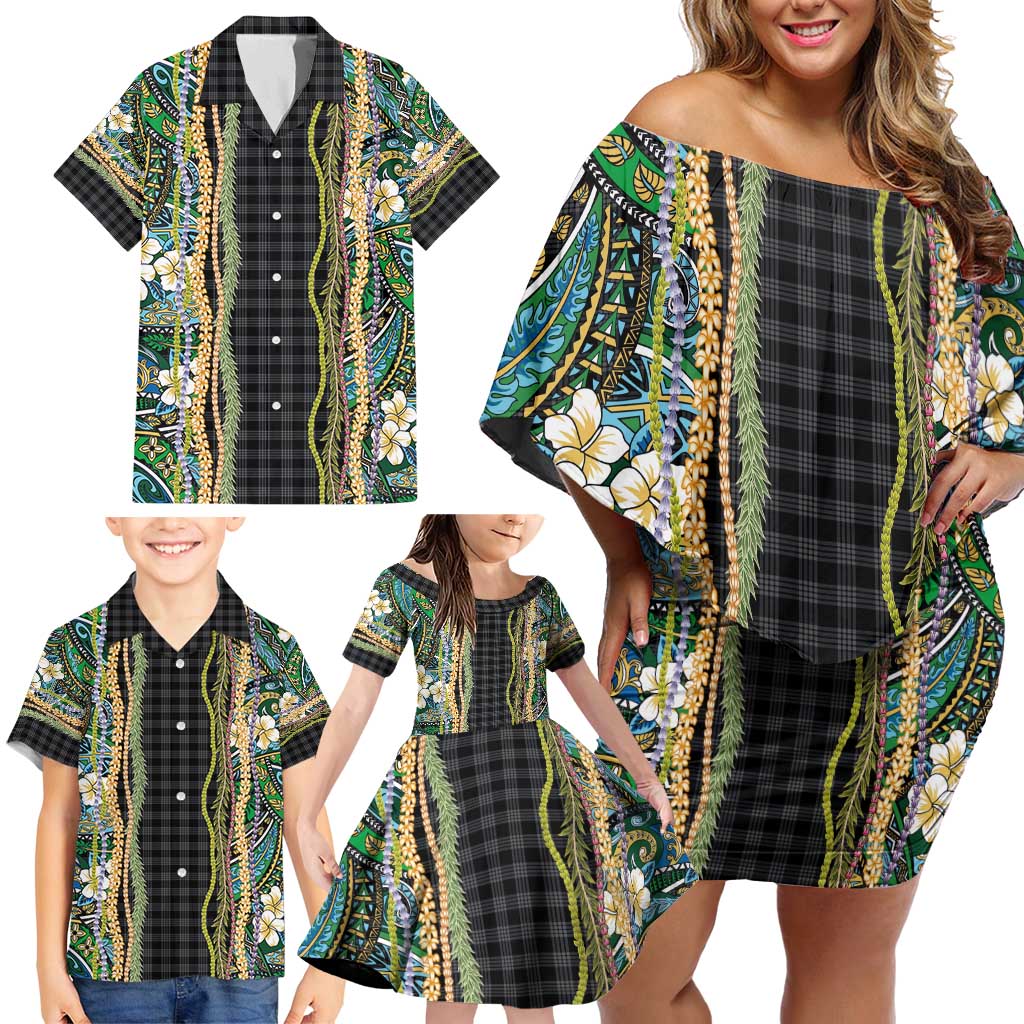 Hawaiian Art Flower Tribal with Lei Family Matching Off Shoulder Short Dress and Hawaiian Shirt Palaka Pattern Black Color - Polynesian Pride