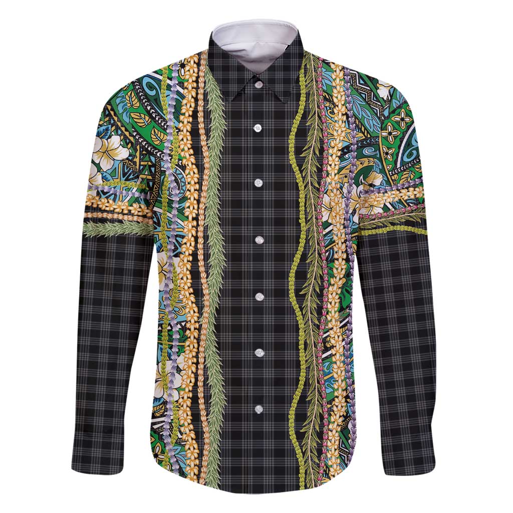 Hawaiian Art Flower Tribal with Lei Family Matching Off Shoulder Short Dress and Hawaiian Shirt Palaka Pattern Black Color - Polynesian Pride