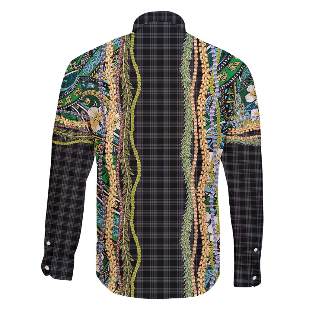 Hawaiian Art Flower Tribal with Lei Family Matching Off Shoulder Short Dress and Hawaiian Shirt Palaka Pattern Black Color - Polynesian Pride