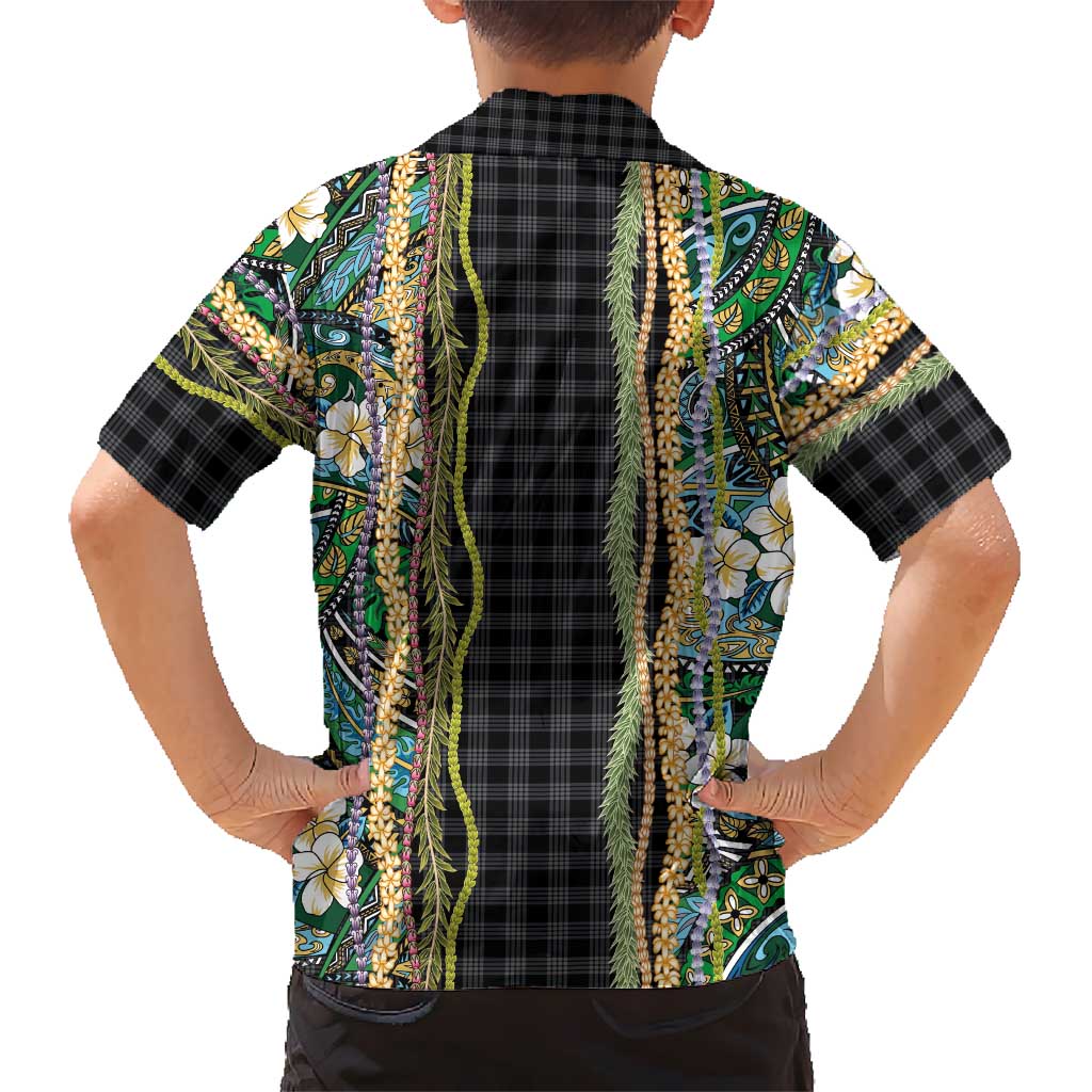 Hawaiian Art Flower Tribal with Lei Family Matching Puletasi and Hawaiian Shirt Palaka Pattern Black Color LT03 - Polynesian Pride