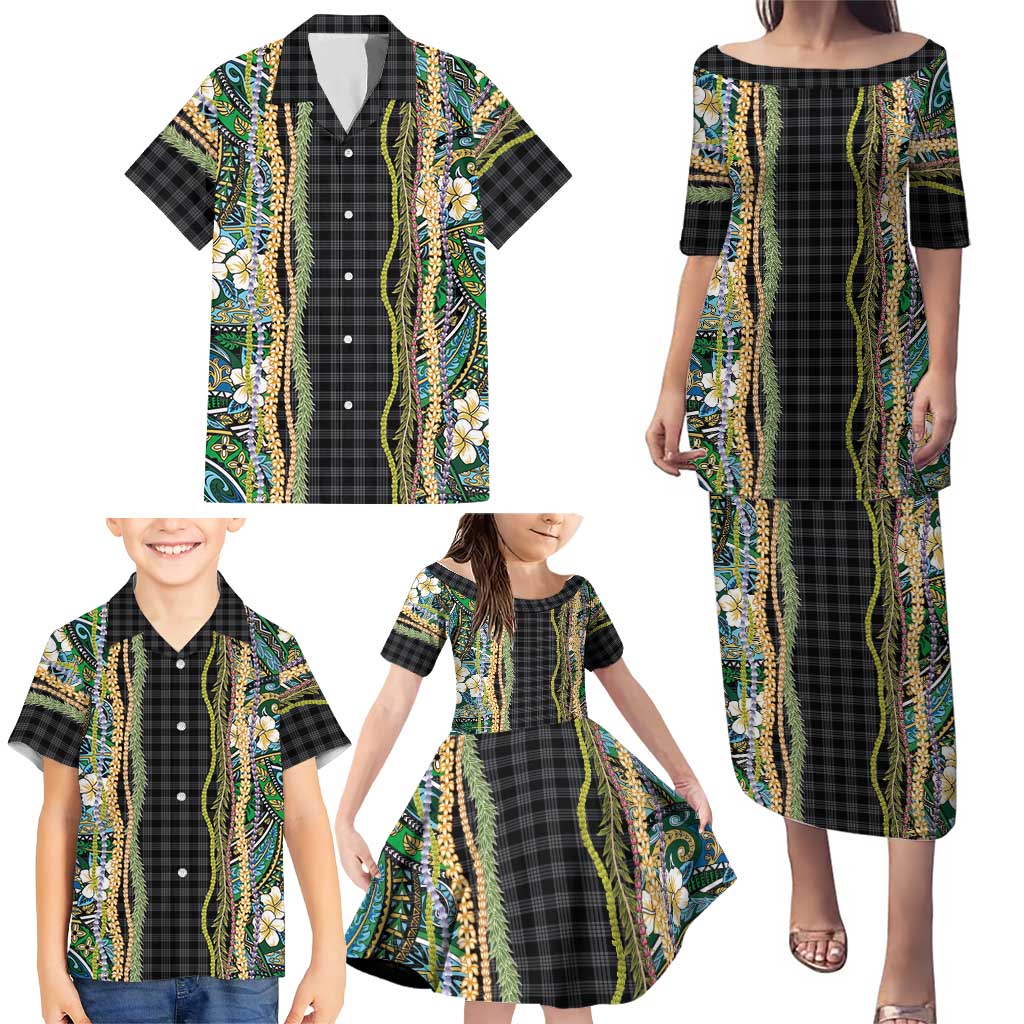 Hawaiian Art Flower Tribal with Lei Family Matching Puletasi and Hawaiian Shirt Palaka Pattern Black Color LT03 - Polynesian Pride