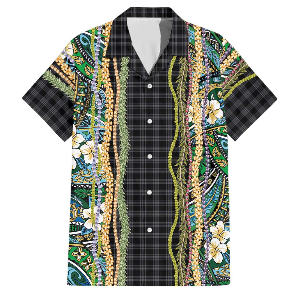Hawaiian Art Flower Tribal with Lei Family Matching Puletasi and Hawaiian Shirt Palaka Pattern Black Color LT03 Dad's Shirt - Short Sleeve Black - Polynesian Pride