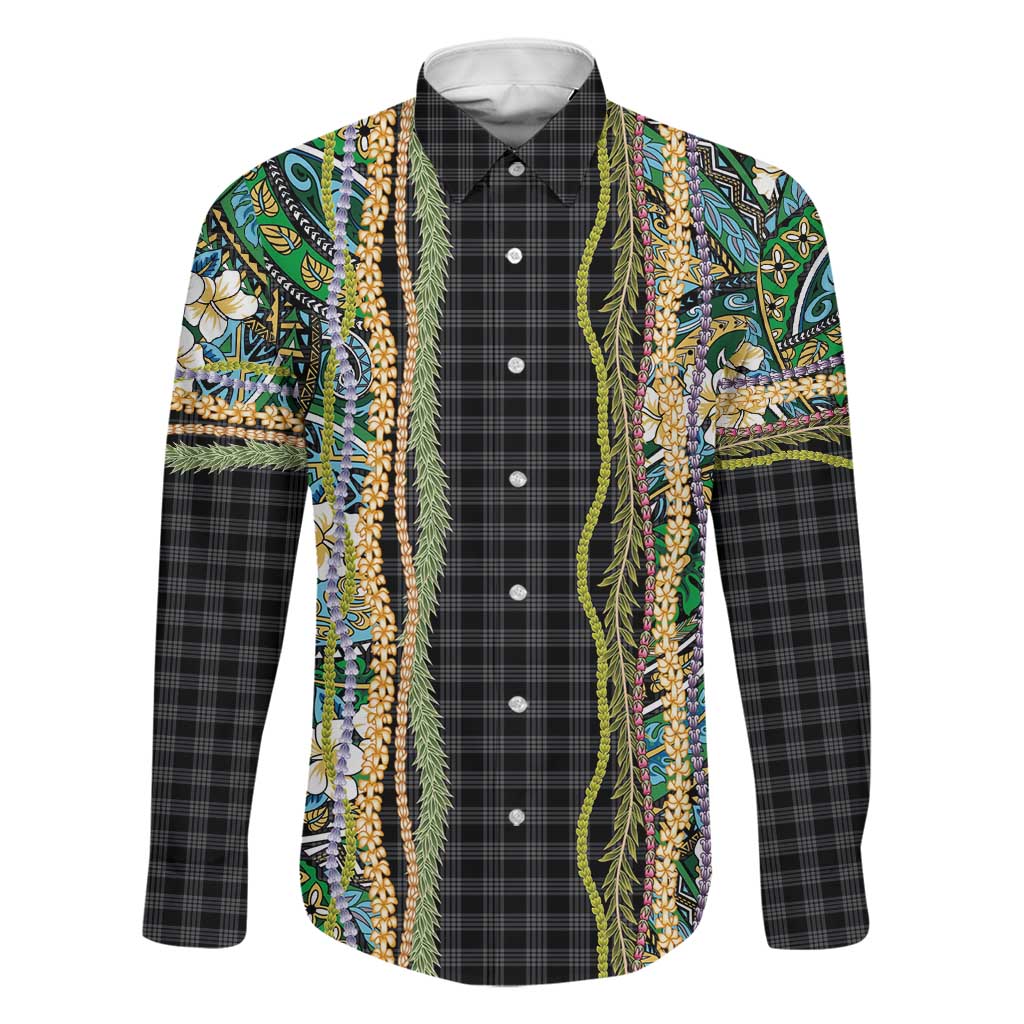 Hawaiian Art Flower Tribal with Lei Family Matching Puletasi and Hawaiian Shirt Palaka Pattern Black Color LT03 Dad's Shirt - Long Sleeve Black - Polynesian Pride