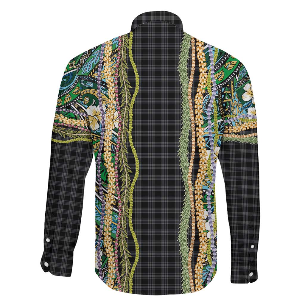Hawaiian Art Flower Tribal with Lei Family Matching Puletasi and Hawaiian Shirt Palaka Pattern Black Color LT03 - Polynesian Pride