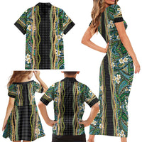 Hawaiian Art Flower Tribal with Lei Family Matching Short Sleeve Bodycon Dress and Hawaiian Shirt Palaka Pattern Black Color - Polynesian Pride