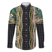 Hawaiian Art Flower Tribal with Lei Family Matching Short Sleeve Bodycon Dress and Hawaiian Shirt Palaka Pattern Black Color - Polynesian Pride