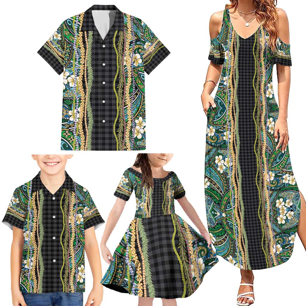 Hawaiian Art Flower Tribal with Lei Family Matching Summer Maxi Dress and Hawaiian Shirt Palaka Pattern Black Color - Polynesian Pride